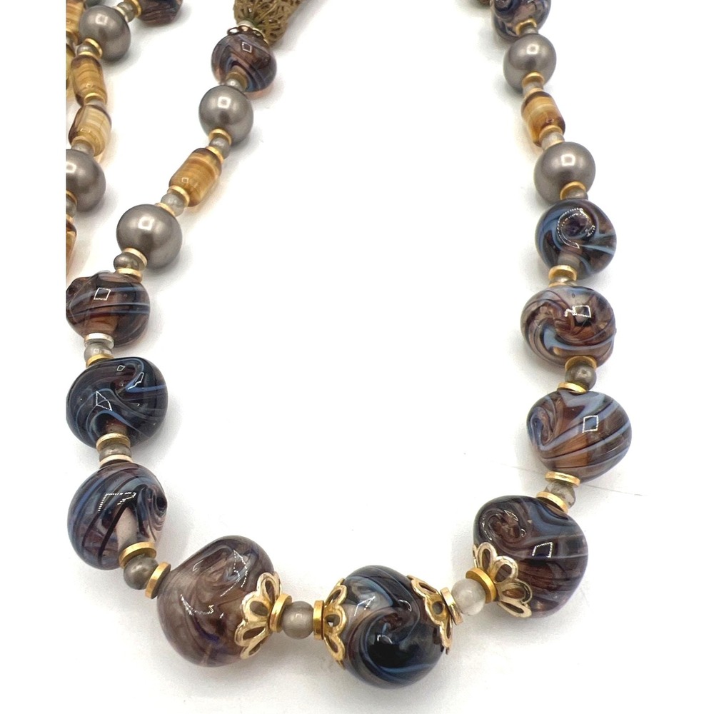 Vintage Art Glass Necklace Cast‎ Metal Filigree Tubes Swirl Beads Gold Tone